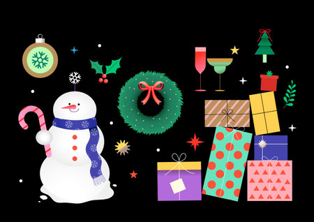 Snowman holding various Christmas ornaments and a caneのイラスト素材