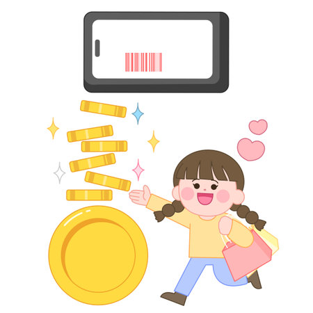 A character running excitedly with shopping bags and yen coins piling upのイラスト素材