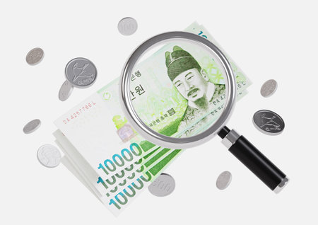 A magnifying glass examining floating coins and 10,000 won bills