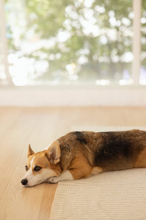 Cute Welsh Corgi lying on the floorの写真素材