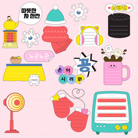 Illustration of a collection of stickers related to winter suppliesのイラスト素材