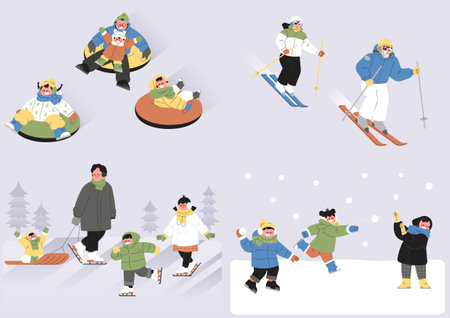 Illustration of people enjoying winter sports such as skiing, sledding, skating, and snowball fightsのイラスト素材