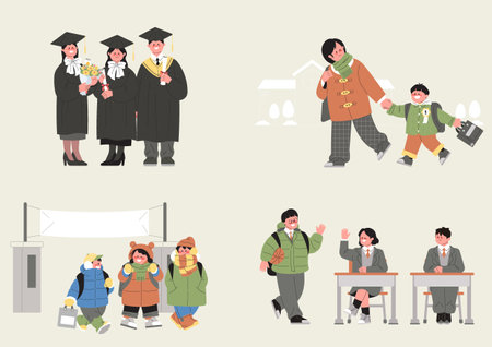 View of students graduating and entering school in winterのイラスト素材