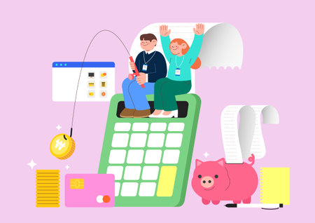 A receipt being pulled out of a calculator and piggy bankのイラスト素材