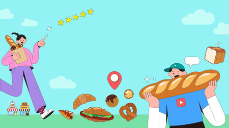 A mukbang thumbnail illustration of going on a trip while eating breadのイラスト素材