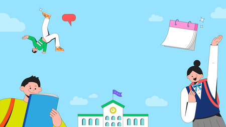 Video thumbnail illustration showing the daily life of going to school in the new semesterのイラスト素材