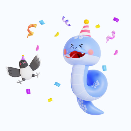 Snake and magpie wearing cone hats and celebrating