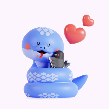 Magpie and blue snake characters hugging each other