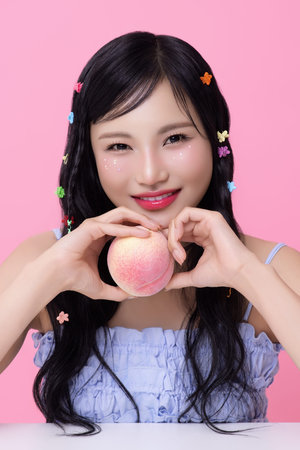 A woman in her 20s posing with a peach