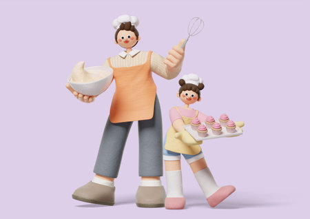 Dad and daughter wearing aprons and holding baking tools