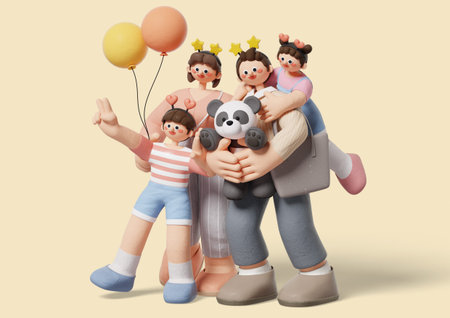 A harmonious family wearing headbands and coming to play
