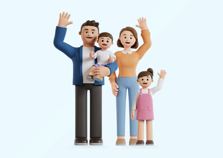 Harmonious family of four standing with hands raisedの写真素材