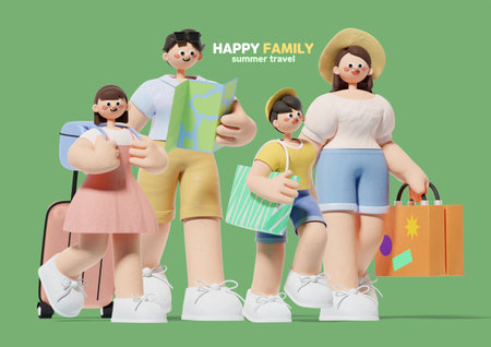 Happy family going on a trip with bags and mapsの写真素材