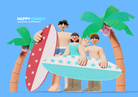 Happy family holding surfboardsの写真素材
