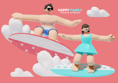 Happy family riding a surfboardの写真素材