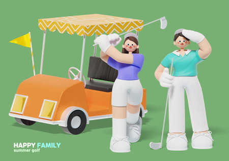 Happy family swinging at a round of golfの写真素材