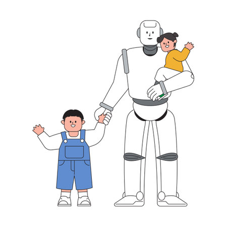Humanoids who take care of children in a friendly wayのイラスト素材