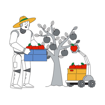 Robot farmer harvesting apples with cart in fruit orchard under bright sunlightのイラスト素材