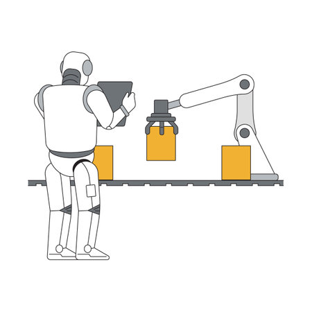 Robotic arms and humanoids working together on a factory assembly lineのイラスト素材