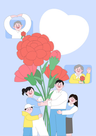 A family expressing love and gratitude with colorful flowers