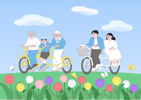 A family riding bicycles together and enjoying a sunny day in a colorful flower field on a warm May dayのイラスト素材