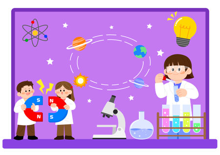 Students exploring science by participating in experiments with magnetsのイラスト素材