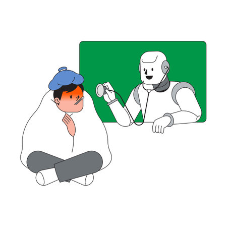 Young man receiving virtual medical consultation from medical robot in modern environmentのイラスト素材