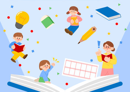 Illustration of a children's reading class showing children who love booksのイラスト素材
