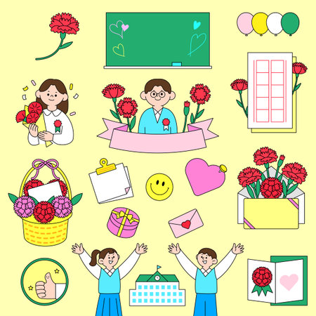 A collection of icons with messages commemorating Teacher's Dayのイラスト素材