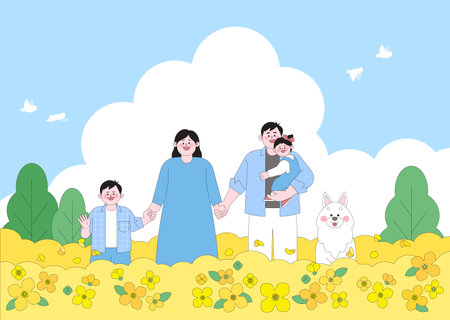 Happy family enjoying a sunny day in a flower fieldのイラスト素材