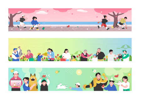 Festival banner with various people doing various activitiesのイラスト素材