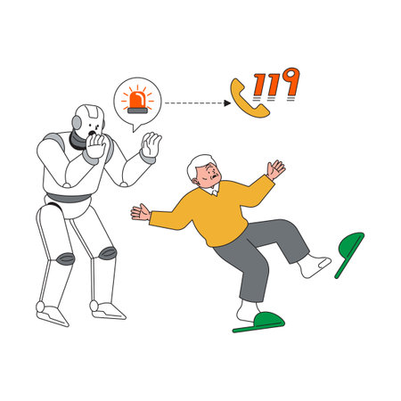 A robot that calls 119 for help while helping an elderly person who has fallenのイラスト素材