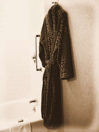 Leopard Print Terry Bathrobe in Bathroomの写真素材