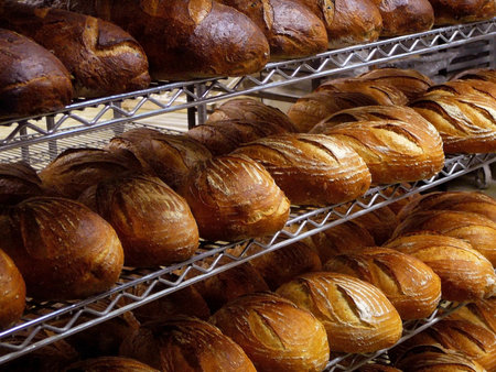 Shelves of fresh baked loaves of artisan bread