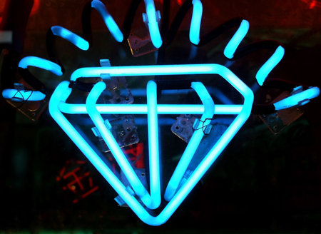 Vintage Neon Diamond Sign in Jewelry Display Windowの写真素材