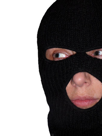 Female Burglar Wearing Black Ski Mask Isolated Over White