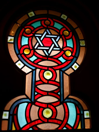 Stained Glass Window with Star of David in Jewish Synagogue Interiorの写真素材