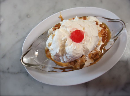 Caramel Sundae in Traditional Ice Cream Parlorの写真素材