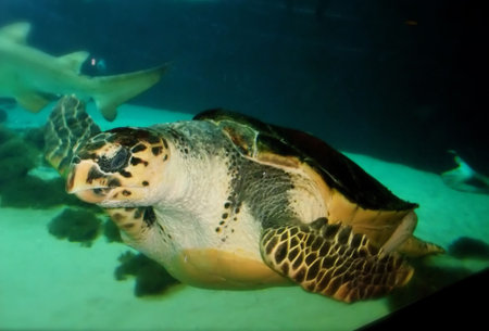 Tropical Colorful Aged Turtle Swimming the Deep Ocean Floor