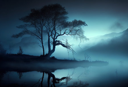 Lonely tree on a lake in the misty morning.の写真素材