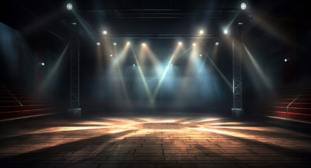 Empty stage with spotlights and wooden floor. 3D rendering.
