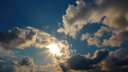 Blue sky with white clouds and sun, natural background. Nature composition.