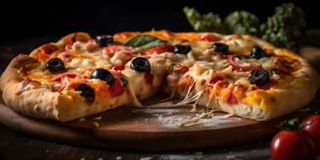 In the close-up photograph, a delectable Italian pizza takes center stage. The image showcases a tantalizing view of a freshly baked pizza, capturing its vibrant colors and mouthwatering details. The pizza's thin, crispy crust forms the foundation, providing a golden and slightly charred base. Its edges are perfectly puffed and slightly uneven, hinting at the artisanal craftsmanship that went into its creation. On top of the crust, a generous layer of rich, red tomato sauce is spread, infused with aromatic herbs and spices. The sauce glistens invitingly, promising a burst of flavor with every bite. It serves as the canvas upon which the other ingredients are artfully arranged. A blanket of molten, stretchy mozzarella cheese covers the sauce, creating a luscious and indulgent layer. The cheese is expertly melted and lightly browned in spots, adding an enticing hint of caramelization.の素材