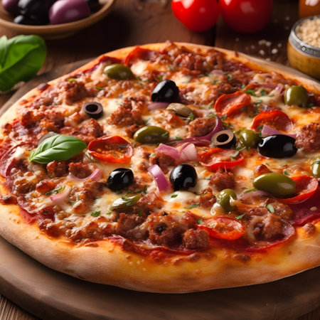 The photo features a classic Italian pizza, adorned with delicious toppings and a perfectly baked crust. The vibrant colors and enticing aroma make it irresistibly appetizing. This image captures the essence of authentic Italian cuisine, inviting viewers to indulge in the flavors of melted cheese, savory sauce, and the delightful combination of toppings that make pizza a beloved dish worldwide.の素材