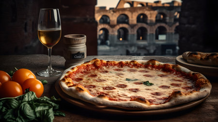 The photo features a classic Italian pizza, adorned with delicious toppings and a perfectly baked crust. The vibrant colors and enticing aroma make it irresistibly appetizing. This image captures the essence of authentic Italian cuisine, inviting viewers to indulge in the flavors of melted cheese, savory sauce, and the delightful combination of toppings that make pizza a beloved dish worldwide.の素材