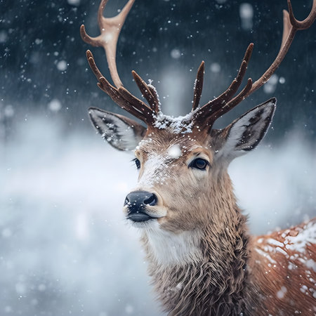 The photo depicts a deer in the middle of a snowfall. The majestic creature stands gracefully, surrounded by falling snowflakes. This image captures the enchantment of winter, inviting viewers to admire the beauty of nature and the serene presence of the deer amidst the wintry landscape.の素材