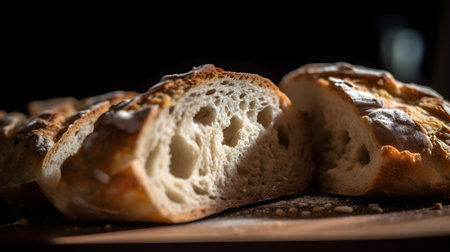 The photograph showcases the simplicity and comfort of freshly baked homemade bread, sliced into large, inviting pieces. The golden crusts of the bread glisten with a hint of buttery goodness, while the interior crumb boasts a soft and pillowy texture. The aroma of warm bread fills the air, evoking feelings of warmth and contentment. Each slice offers a glimpse of the expertly crafted structure, with its delicate air pockets and tender crumb. The sight of these generous bread slices entices the viewer to imagine the satisfying crunch as they take a bite, savoring the wholesome flavors that only a freshly baked loaf can deliver.の素材