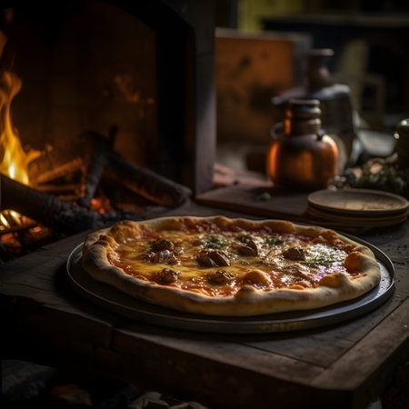 The photo features a classic Italian pizza, adorned with delicious toppings and a perfectly baked crust. The vibrant colors and enticing aroma make it irresistibly appetizing. This image captures the essence of authentic Italian cuisine, inviting viewers to indulge in the flavors of melted cheese, savory sauce, and the delightful combination of toppings that make pizza a beloved dish worldwide.の素材