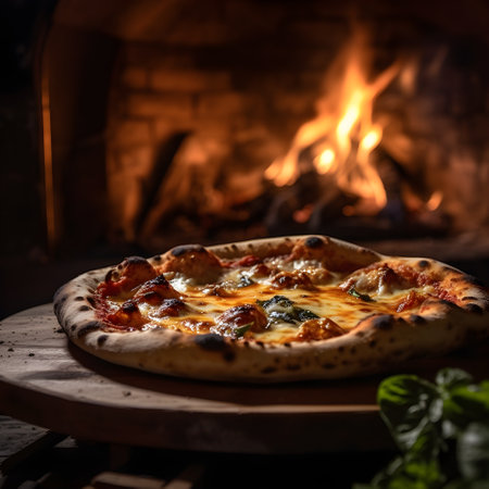 The close-up photo captures the rustic charm of an Italian pizza, positioned in front of a traditional brick oven. The pizza rests on a wooden peel, ready to be slid into the fiery depths of the oven. The crust, with its golden-brown hue and slightly charred edges, exudes a tantalizing aroma. The surface is adorned with a rich tomato sauce, speckled with aromatic herbs. Melty mozzarella cheese stretches invitingly as it melts under the oven's intense heat. Vibrant toppings, such as sliced tomatoes, fresh basil leaves, and drizzles of olive oil, add a burst of color and flavor. This image encapsulates the anticipation and artistry of authentic Italian pizza-making.の素材