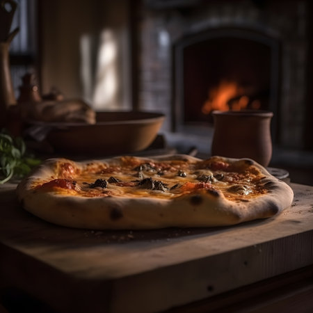 The photo features a classic Italian pizza, adorned with delicious toppings and a perfectly baked crust. The vibrant colors and enticing aroma make it irresistibly appetizing. This image captures the essence of authentic Italian cuisine, inviting viewers to indulge in the flavors of melted cheese, savory sauce, and the delightful combination of toppings that make pizza a beloved dish worldwide.の素材